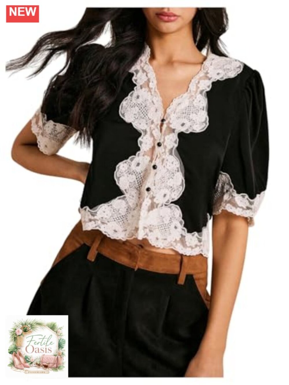 Sophisticated Lace Blouse Crop Top Button Front Puff Sleeve V Neck